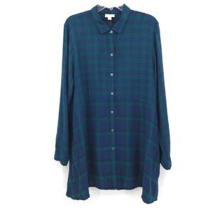 J.‎ Jill plaid button up tunic top Size L green black long sleeve Rayon pockets